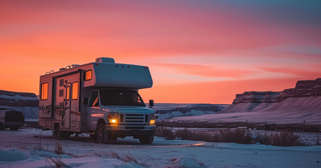 Picture of RV in semi-snowy mountains with a yellow/red sunset in the background.