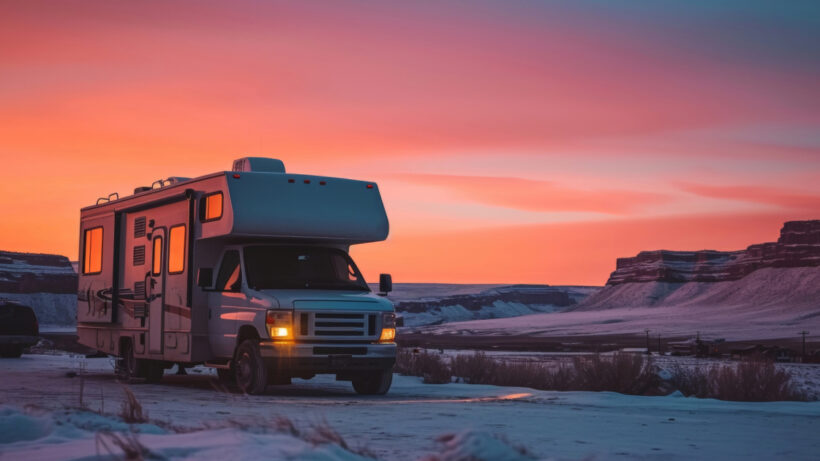 Picture of RV in semi-snowy mountains with a yellow/red sunset in the background.