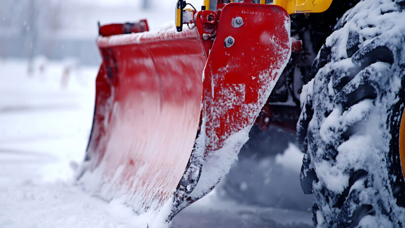 Side view of a red snow plow attached to a yellow truck covered in snow