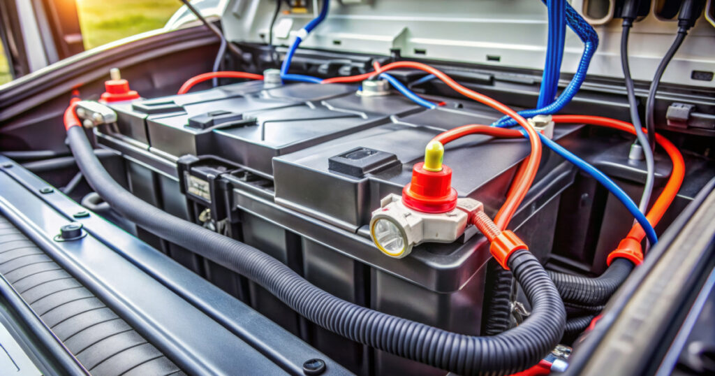 Up-close view of an RV battery.