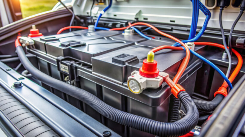 Up-close view of an RV battery.