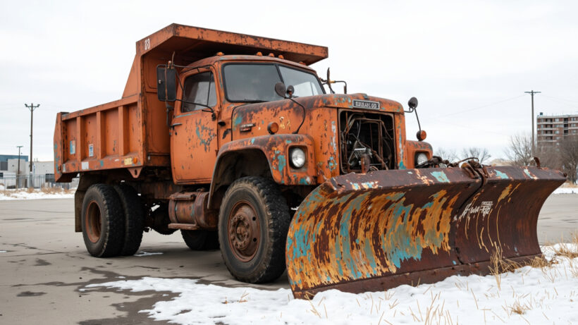 Rusty truck and snow plow blade on concrete and snow.