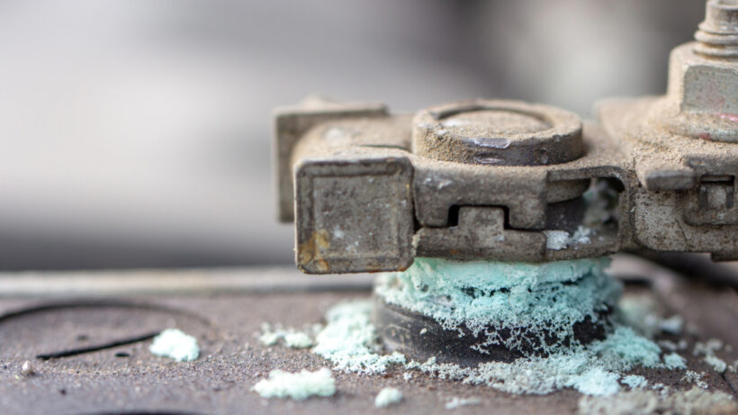 Close up picture of eroded battery terminals.