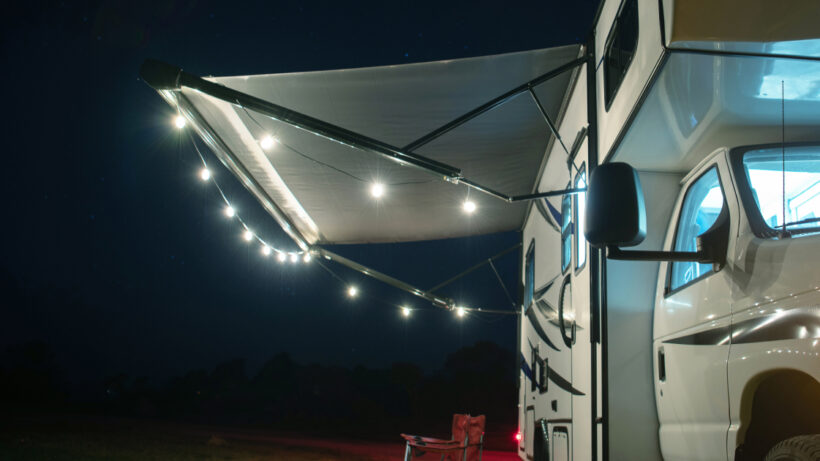 Night time view of lights on an RV awning.